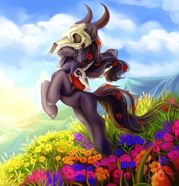 Size: 3000x3120 | Tagged: safe, artist:youth_roses, derpibooru import, oc, unofficial characters only, pony, bipedal, commission, flower, flower in hair, flower in tail, image, mountain, png