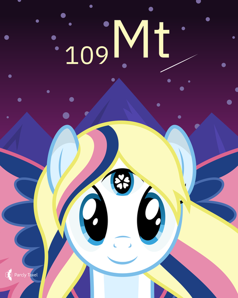 Size: 4000x5000 | Tagged: safe, artist:parclytaxel, derpibooru import, oc, oc:star heart, unofficial characters only, pegasus, pony, series:joycall6's periodic table, .svg available, absurd resolution, bust, chemistry, colored wings, commission, female, image, looking at you, mare, meitnerium, mountain, night, periodic table, png, portrait, shooting star, smiling, solo, spread wings, stars, third eye, vector, wingding eyes, wings