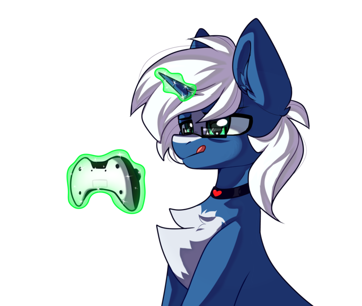 Size: 6500x5500 | Tagged: safe, artist:volchonok, derpibooru import, oc, oc:passi deeper, unofficial characters only, pony, unicorn, choker, coat markings, controller, eyebrows, glasses, glowing horn, green eyes, horn, image, levitation, magic, magic aura, male, png, simple background, sitting, solo, stallion, telekinesis, tongue out, transparent background, unicorn oc