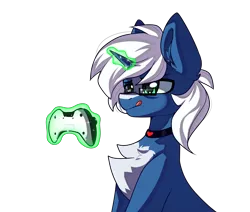 Size: 6500x5500 | Tagged: safe, artist:volchonok, derpibooru import, oc, oc:passi deeper, unofficial characters only, pony, unicorn, choker, coat markings, controller, eyebrows, glasses, glowing horn, green eyes, horn, image, levitation, magic, magic aura, male, png, simple background, sitting, solo, stallion, telekinesis, tongue out, transparent background, unicorn oc