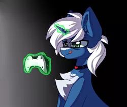 Size: 6500x5500 | Tagged: safe, artist:volchonok, derpibooru import, oc, oc:passi deeper, unofficial characters only, pony, unicorn, choker, coat markings, controller, eyebrows, glasses, glowing horn, gradient background, green eyes, horn, image, levitation, magic, magic aura, male, png, sitting, solo, stallion, telekinesis, tongue out, unicorn oc