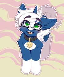 Size: 1637x1972 | Tagged: safe, artist:faract, derpibooru import, oc, oc:passi deeper, unofficial characters only, pony, unicorn, abstract background, animated, blushing, coat markings, collar, colored pupils, eyebrows, eyebrows visible through hair, eyes closed, floppy ears, gif, glasses, green eyes, happy, horn, image, looking at you, looking up, male, master, open mouth, open smile, pet play, pet tag, pony pet, shy, smiling, smiling at you, socks (coat marking), solo, stallion, standing, surprised, tail, unicorn oc