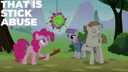 Size: 1280x720 | Tagged: safe, derpibooru import, edit, edited screencap, editor:quoterific, screencap, maud pie, mudbriar, pinkie pie, earth pony, pony, season 8, the maud couple, spoiler:s08, eyes closed, female, image, jpeg, male, mare, open mouth, piñata, stallion, trio