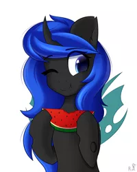 Size: 1600x2000 | Tagged: safe, derpibooru import, oc, changeling, abstract background, bust, changeling wings, cute, eating, eyelashes, female, food, horn, image, photo, png, solo, watermelon, wings