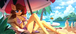 Size: 3440x1540 | Tagged: suggestive, artist:redchetgreen, derpibooru import, oc, unofficial characters only, anthro, pegasus, plantigrade anthro, barefoot, beach, beach umbrella, bikini, breasts, busty oc, clothes, feet, image, ocean, palm tree, png, sandcastle, scenery, solo, swimsuit, tree, umbrella