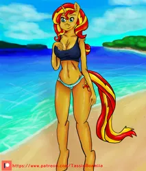 Size: 2000x2352 | Tagged: suggestive, artist:tassieboamiia, derpibooru import, sunset shimmer, anthro, unicorn, beach, bikini, blue bikini, blue bikini bottom, blue bikini top, blue bra, blue panties, blue tanktop, blue underwear, breasts, cleavage, clothes, image, png, swimsuit, tanktop, underwear, white bikini, white bikini bottom, white underwear