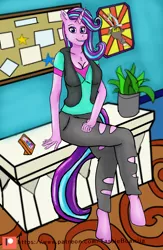Size: 1560x2400 | Tagged: suggestive, artist:tassieboamiia, derpibooru import, starlight glimmer, anthro, unguligrade anthro, unicorn, breasts, busty starlight glimmer, cleavage, crossed legs, desk, equestria girls outfit, image, png, sitting, solo