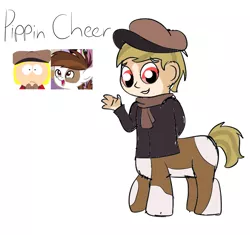 Size: 1637x1536 | Tagged: safe, artist:colorcodetheartist, derpibooru import, oc, oc:pippin cheer, centaur, clothes, crossover, crossover ship offspring, crossover shipping, hat, image, magical gay spawn, markings, newsboy hat, offspring, parent:pip pirrup, parent:pipsqueak, png, scarf, shipping, south park, vitiligo