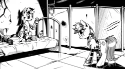 Size: 4256x2364 | Tagged: safe, artist:lexx2dot0, derpibooru import, oc, oc:blackjack, oc:littlepip, pony, unicorn, fallout equestria, fallout equestria: project horizons, black and white, clothes, duo, fanfic art, grayscale, horn, image, monochrome, pipbuck, png, small horn