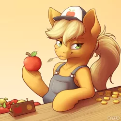 Size: 2000x2000 | Tagged: safe, artist:ohemo, derpibooru import, applejack, earth pony, pony, apple, clothes, coin, female, food, image, lidded eyes, looking at you, overalls, png, smiling, smiling at you, solo