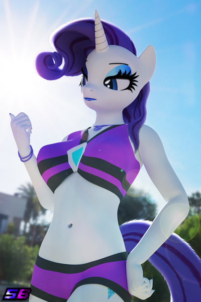 Size: 2560x3840 | Tagged: safe, artist:shadowboltsfm, derpibooru import, rarity, anthro, plantigrade anthro, 3d, beach shorts swimsuit, belly button, blender, bracelet, breasts, busty rarity, eyeshadow, female, geode of shielding, hand on hip, high res, image, jewelry, lens flare, lipstick, magical geodes, makeup, not sfm, png, rarity's beach shorts swimsuit, solo