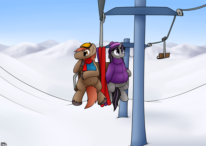 Size: 3024x2145 | Tagged: questionable, artist:the-furry-railfan, derpibooru import, oc, oc:magna-save, oc:winterlight, unofficial characters only, pegasus, unicorn, clothes, image, inflation, mountain, mountain range, png, scarf, sitting, ski lift, skis, snow, this will end in balloons