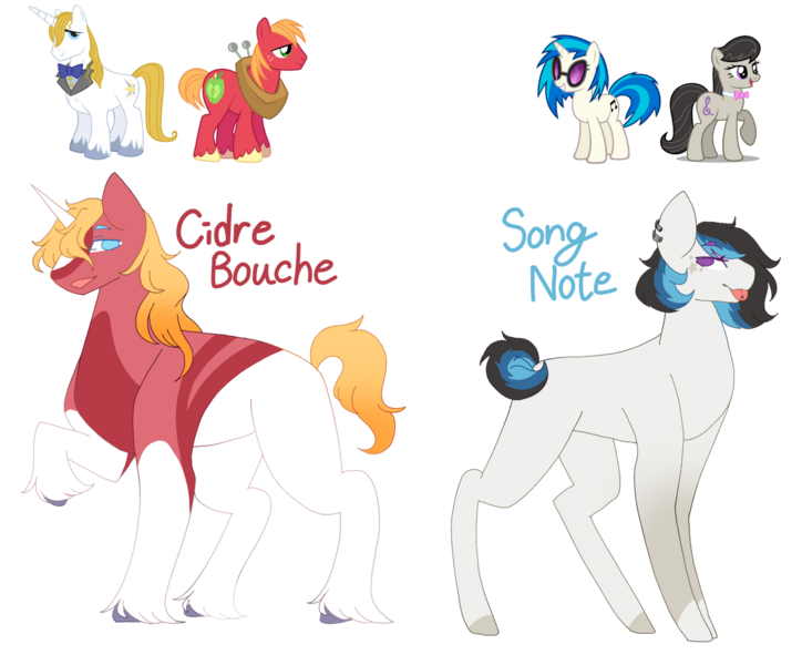 Size: 1280x1061 | Tagged: safe, artist:blackbloodstone, derpibooru import, big macintosh, octavia melody, prince blueblood, vinyl scratch, oc, oc:cidre bouche, oc:song note, pony, bluemac, female, gay, image, lesbian, magical gay spawn, magical lesbian spawn, male, mare, offspring, parent:big macintosh, parent:octavia melody, parent:prince blueblood, parent:vinyl scratch, parents:bluemac, parents:scratchtavia, png, scratchtavia, shipping, simple background, stallion, tongue out, transparent background