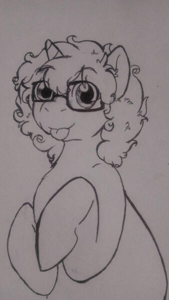 Size: 1839x3262 | Tagged: safe, artist:mintbubbie, derpibooru import, oc, oc:neapolitan swirl, unofficial characters only, pony, unicorn, glasses, grayscale, image, jpeg, looking at you, male, monochrome, offspring, parent:cheese sandwich, parent:pinkie pie, parents:cheesepie, solo, stallion, tongue out, traditional art