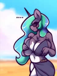 Size: 2048x2732 | Tagged: suggestive, artist:bronypanda, derpibooru import, princess celestia, anthro, ..., beach, belly button, big breasts, bikini, bikini top, breast hold, breasts, busty princess celestia, cleavage, clothes, female, huge breasts, image, png, sarong, solo, solo female, swimsuit, tan lines