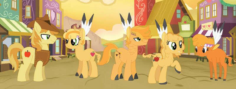 Size: 1280x482 | Tagged: safe, artist:z-shadow-0, derpibooru import, braeburn, little strongheart, buffalo, hybrid, bisony, braeheart, family, female, image, jpeg, male, offspring, parent:braeburn, parent:little strongheart, parents:braeheart, shipping, straight