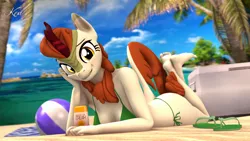 Size: 3840x2160 | Tagged: suggestive, artist:kenaga, derpibooru import, autumn blaze, anthro, kirin, plantigrade anthro, 3d, 4k, barefoot, beach, beach ball, beach towel, bikini, breasts, busty autumn blaze, clothes, commission, cooler, feet, female, flip-flops, image, looking at you, lying down, nexgen, ocean, outdoors, palm tree, png, prone, sandals, shoes removed, smiling, smiling at you, solo, solo female, source filmmaker, sunscreen, swimsuit, towel, tree, underwear, water, watermark, ych result