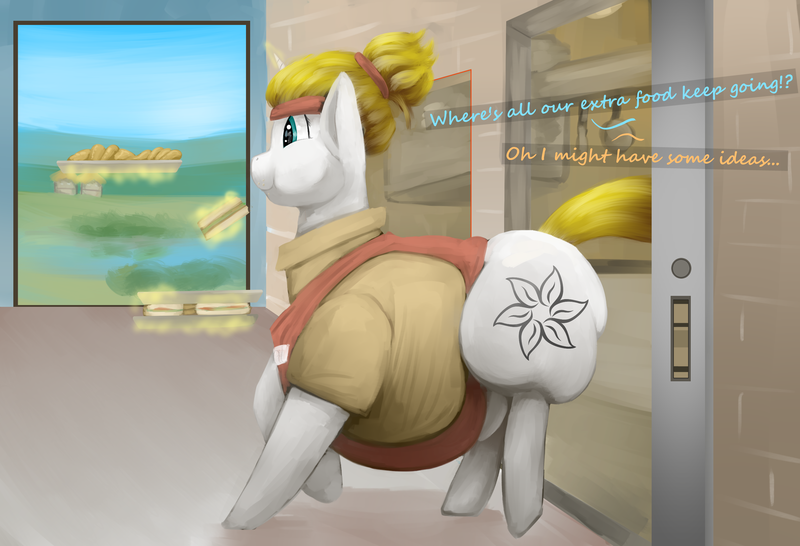 Size: 2696x1840 | Tagged: safe, artist:lupin quill, derpibooru import, oc, oc:snow veil, unicorn, series:snow helps herself (weight gain), apron, belly, big belly, bread, butt, chubby, chubby cheeks, clothes, croissant, dialogue, diner, eating, fat, fat fetish, female, fetish, food, grin, headband, horn, image, kitchen, large butt, lineless, magic, name tag, plot, png, ponytail, sandwich, smiling, tight clothing, unicorn oc, waitress, weight gain, weight gain sequence, window