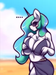 Size: 2048x2732 | Tagged: suggestive, artist:bronypanda, derpibooru import, princess celestia, anthro, ..., annoyed, beach, belly button, big breasts, bikini, bikini top, breast hold, breasts, breast squish, busty princess celestia, cleavage, clothes, female, huge breasts, image, png, sarong, solo, solo female, swimsuit, tight clothing