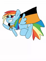 Size: 768x1024 | Tagged: safe, derpibooru import, rainbow dash, pegasus, cape, clothes, flying, image, jpeg, op is a duck, op is trying to start shit, solo, superstraight