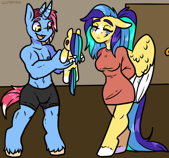 Size: 1537x1437 | Tagged: questionable, artist:sexygoatgod, derpibooru import, oc, oc:blue lagoon, unofficial characters only, anthro, bicorn, pegasus, unicorn, female, horn, image, multiple horns, plushie, png, transgender