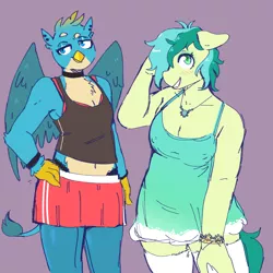 Size: 2500x2500 | Tagged: safe, artist:currentlytr_ash, derpibooru import, gallus, sandbar, anthro, earth pony, gryphon, beak, bedroom eyes, black panties, blushing, bra, bra strap, clothes, crossdressing, dress, duo, duo male, ear piercing, erect nipples, femboy, floppy ears, hand on hip, image, jewelry, looking at you, male, necklace, nipple outline, panties, piercing, plump, png, pose, shirt, shorts, simple background, smiling, smiling at you, socks, spread wings, stockings, tail, thigh highs, underwear, wings