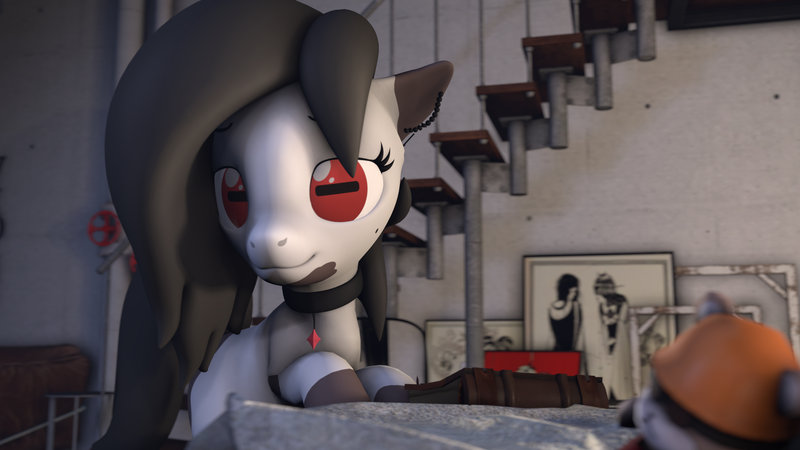 Size: 1920x1080 | Tagged: safe, artist:arrell, derpibooru import, oc, oc:madam matilda, earth pony, pony, bed, book, choker, female, goat eyes, image, looking at you, mare, offscreen character, plushie, png, pov, smiling, smiling at you, solo, teddy bear