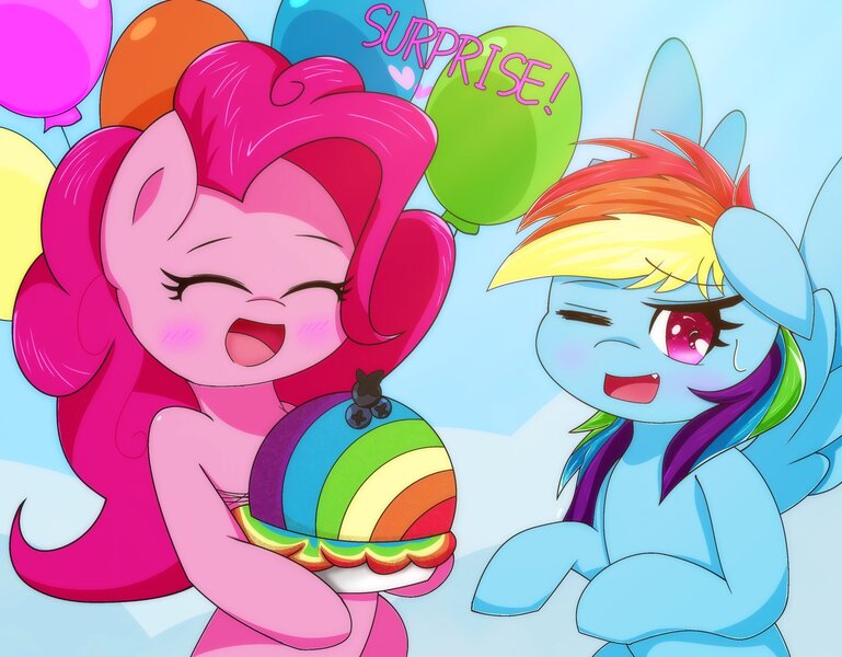 Size: 2048x1598 | Tagged: safe, artist:zeon_starlight, derpibooru import, pinkie pie, rainbow dash, earth pony, pegasus, pony, secrets and pies, balloon, blueberry, blushing, cake, cloud, floppy ears, food, fruit, image, jpeg, one eye closed, open mouth, rainbow cake, sky