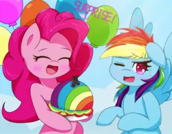 Size: 2048x1598 | Tagged: safe, artist:zeon_starlight, derpibooru import, pinkie pie, rainbow dash, earth pony, pegasus, pony, secrets and pies, balloon, blueberry, blushing, cake, cloud, floppy ears, food, fruit, image, jpeg, one eye closed, open mouth, rainbow cake, sky