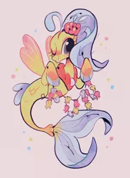 Size: 937x1280 | Tagged: safe, artist:cheesychelsy, derpibooru import, princess skystar, seapony (g4), my little pony: the movie, blue eyes, blue mane, digital art, dorsal fin, female, fins, fin wings, fish tail, flower, flower in hair, flowing tail, image, jewelry, jpeg, looking at you, necklace, one eye closed, pearl necklace, red wings, seashell, seashell necklace, simple background, smiling, solo, tail, teeth, white background, wings, wink