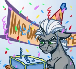 Size: 4000x3650 | Tagged: safe, artist:witchtaunter, derpibooru import, oc, oc:scope, pony, unicorn, birthday, candle, chest fluff, confetti, ear fluff, floppy ears, gift art, happy birthday, hat, image, party hat, png, scowl, solo