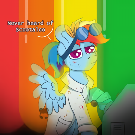 Size: 450x450 | Tagged: artist needed, safe, derpibooru import, rainbow dash, pegasus, pony, fanfic:rainbow factory, blood, clothes, fanfic art, goggles, image, implied scootaloo, lab coat, png, rainbow factory dash, raised hoof, sitting, solo, talking, unamused, wings