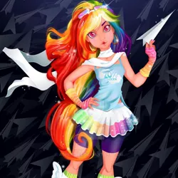 Size: 1080x1080 | Tagged: safe, artist:asherbeeart, derpibooru import, rainbow dash, human, abstract background, clothes, female, hand on hip, humanized, image, jpeg, paper airplane, shorts, skirt, solo