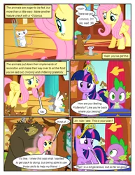 Size: 612x792 | Tagged: safe, artist:newbiespud, derpibooru import, edit, edited screencap, screencap, fluttershy, harry, spike, twilight sparkle, bear, mouse, pegasus, pony, rabbit, unicorn, comic:friendship is dragons, magical mystery cure, animal, comic, dialogue, element of magic, eyelashes, female, fork, grin, image, indoors, looking back, male, mare, png, raised hoof, screencap comic, smiling, unicorn twilight