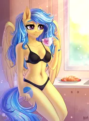 Size: 3040x4127 | Tagged: suggestive, artist:hakaina, derpibooru import, part of a set, oc, oc:jeppesen, unofficial characters only, anthro, pegasus, pony, beautiful, beautisexy, belly, belly button, black underwear, bra, bread, breasts, clothes, commission, crepuscular rays, croissant, cup, cute, cutie mark, derpibooru exclusive, drink, female, food, fruit, image, jpeg, kitchen, lingerie, mare, messy mane, morning ponies, panties, pegasus oc, reasonably sized breasts, sexy, sitting, solo, solo female, tea, teacup, underwear, window, wings