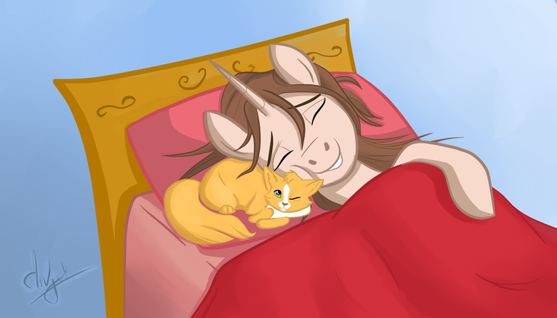 Size: 3500x2000 | Tagged: safe, artist:julymays, derpibooru import, oc, unofficial characters only, cat, pony, unicorn, bed, duo, gradient background, horn, image, png, signature, sleeping, unicorn oc