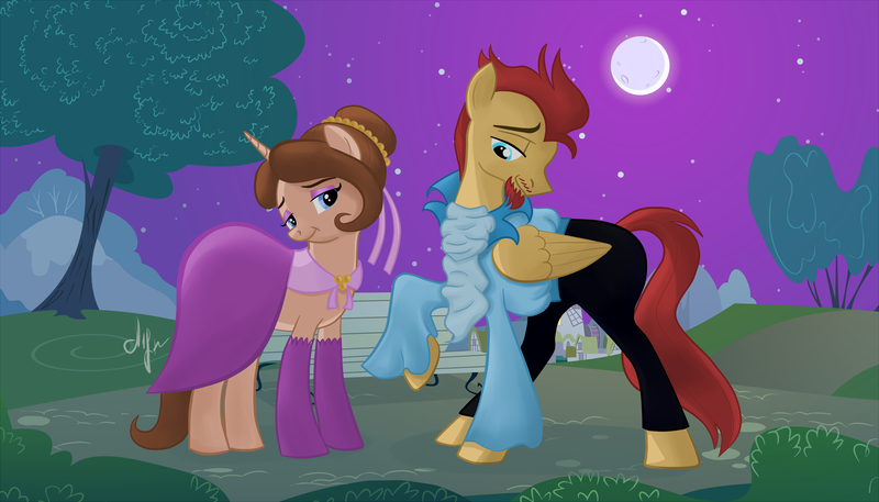 Size: 3500x2000 | Tagged: safe, artist:julymays, derpibooru import, oc, unofficial characters only, pegasus, pony, unicorn, clothes, dress, female, full moon, horn, image, male, mare, moon, night, oc x oc, outdoors, pants, pegasus oc, png, shipping, stallion, stars, straight, tree, unicorn oc, wings