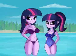 Size: 8148x6000 | Tagged: suggestive, artist:tjpones, derpibooru import, sci-twi, twilight sparkle, equestria girls, absurd resolution, arm behind back, ascension enhancement, belly button, big breasts, bikini, breasts, busty twilight sparkle, cleavage, clothes, duo, duo female, explicit source, female, glasses, hand on hip, height difference, image, lake, looking at you, one-piece swimsuit, png, ponytail, swimsuit, twolight