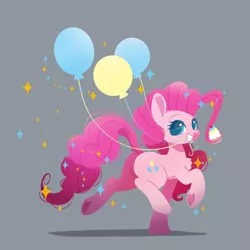 Size: 900x900 | Tagged: safe, artist:snow angel, derpibooru import, edit, pinkie pie, earth pony, pony, balloon, chest fluff, cupcake, cute, cutie mark, diapinkes, female, food, gray background, grin, heart, heart hoof, image, looking at you, mare, mouth hold, png, prehensile mane, raised hoof, signature, simple background, smiling, solo, sparkles, standing, standing on one leg, trotting, underhoof