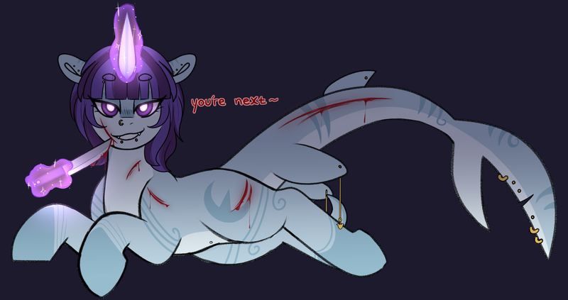 Size: 3850x2037 | Tagged: semi-grimdark, artist:liefsong, derpibooru import, oc, oc:killi thaum, original species, pony, shark, shark pony, blood, image, knife, knifeplay, patreon, piercing, png, simple background, snake bites