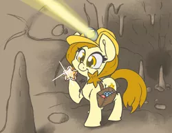 Size: 3300x2550 | Tagged: safe, artist:leadhooves, derpibooru import, oc, oc:golden star, unofficial characters only, earth pony, pony, cave, cavern, commission, female, gem, hard hat, image, jewel, mare, png, raised hoof, smiling, solo