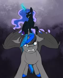 Size: 950x1177 | Tagged: safe, artist:its-gloomy, derpibooru import, nightmare moon, oc, oc:candor champion, alicorn, bat pony, bat pony alicorn, bat pony oc, bat wings, glowing horn, horn, horn jewelry, image, jewelry, magic, magic aura, png, wings