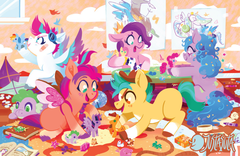 Size: 1250x815 | Tagged: safe, artist:justasuta, derpibooru import, applejack, discord, fluttershy, gummy, hitch trailblazer, izzy moonbow, opalescence, owlowiscious, pinkie pie, pipp petals, princess luna, rainbow dash, rarity, spike, sunny starscout, twilight sparkle, twilight sparkle (alicorn), winona, zipp storm, alicorn, draconequus, dragon, earth pony, pegasus, pig, pony, turtle, unicorn, my little pony: a new generation, alternate hairstyle, ball, bandaid, book, carpet, colt, crayons, crown, cute, digital art, drawing, fake wings, female, filly, foal, food, g5, goggles, goggles on head, hat, image, indoors, jewelry, jpeg, juice, juice box, kite, macaroni, male, mane five (g5), messy, open mouth, open smile, pasta, playing, plushie, ponytail, regalia, rope, sitting, smiling, spread wings, table, tape, tennis ball, toy, wand, window, wings