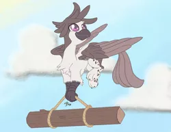 Size: 3300x2550 | Tagged: safe, artist:leadhooves, derpibooru import, oc, oc:glade, unofficial characters only, gryphon, beak, carrying, chest fluff, claws, cloud, commission, flying, happy, image, log, male, paw pads, paws, png, rope, sky, smiling, solo, spread wings, wings