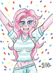 Size: 1100x1500 | Tagged: safe, artist:zachc, derpibooru import, pinkie pie, equestria girls, arms in the air, clothes, confetti, image, jpeg, looking at you, smiling, solo