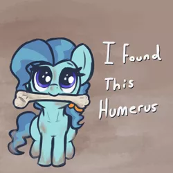 Size: 1310x1310 | Tagged: safe, artist:t72b, derpibooru import, petunia paleo, earth pony, pony, bone, female, filly, humerus, image, looking up, mouth hold, png, pun, sitting, solo, visual pun