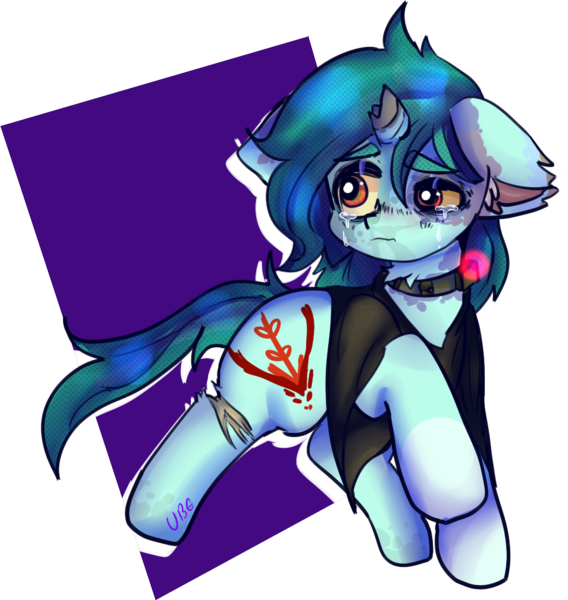 Size: 983x1038 | Tagged: semi-grimdark, artist:ube, artist:ubebreb, derpibooru import, oc, oc:target practice, unofficial characters only, unicorn, fallout equestria, ashes town, broken horn, bruised, crying, fallout equestria oc, horn, image, male, png, sad, slave collar