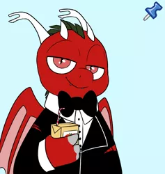 Size: 782x824 | Tagged: safe, artist:2k.bugbytes, ponybooru import, oc, oc:dragonfire(havock), dracony, hybrid, acres avatar, bowtie, claws, clothes, horns, image, juice, juice box, png, ripping clothes, solo, tuxedo, wings