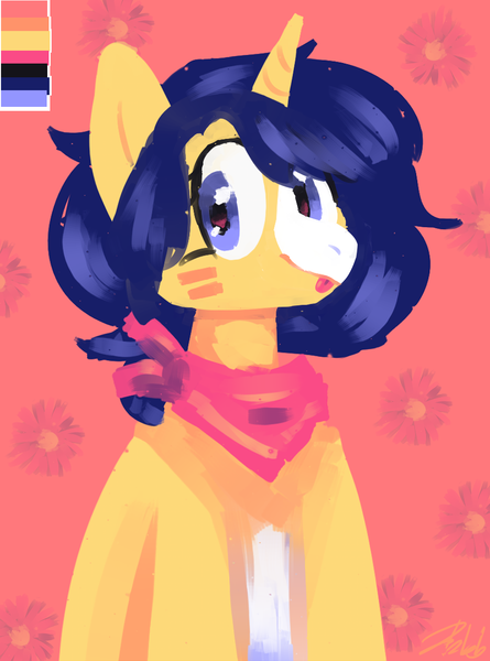 Size: 951x1281 | Tagged: safe, artist:2k.bugbytes, ponybooru import, oc, oc:flash reboot, unofficial characters only, pony, unicorn, bandana, bust, color palette challenge, female, flower, image, limited palette, png, signature, simple background, tongue out