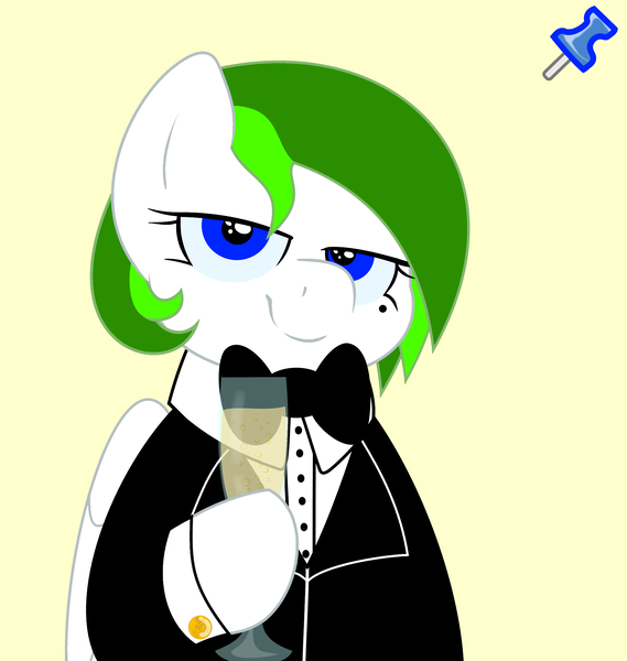 Size: 2049x2159 | Tagged: safe, artist:2k.bugbytes, artist:dtavs.exe, ponybooru import, oc, oc:flor de izote(izzi), pegasus, pony, unicorn, acres avatar, base used, beauty mark, champagne, champagne glass, clothes, cufflinks, female, image, png, simple background, solo, tuxedo